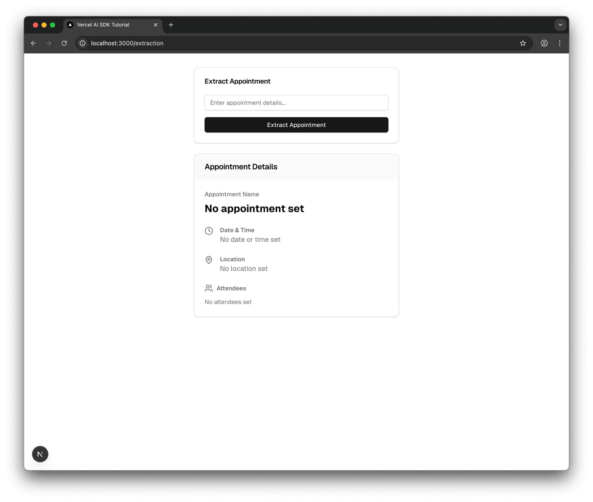 Screenshot of the '/extraction' page showing the input field and the empty 'CalendarAppointment' card.