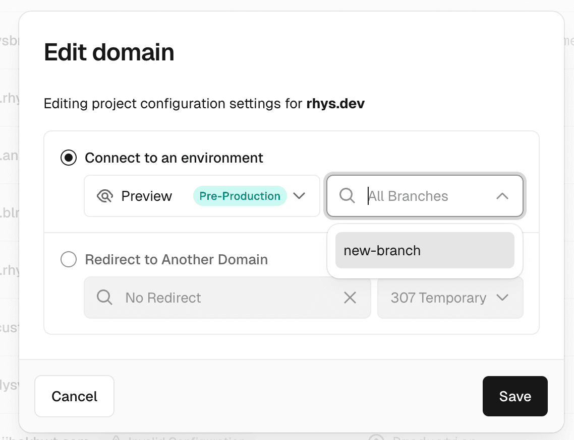 Assign domain to branch modal.