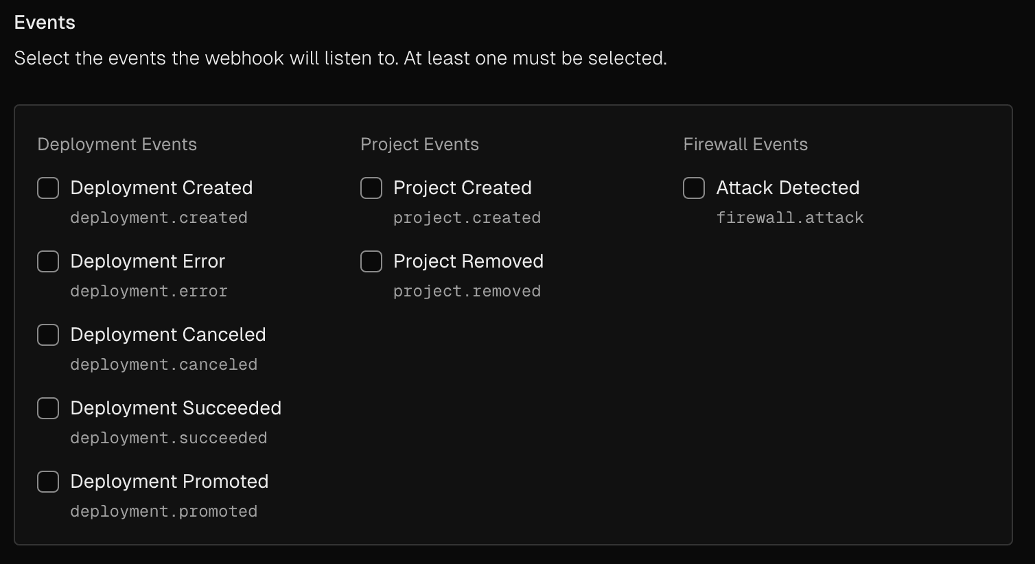 Select events for your webhooks to listen.