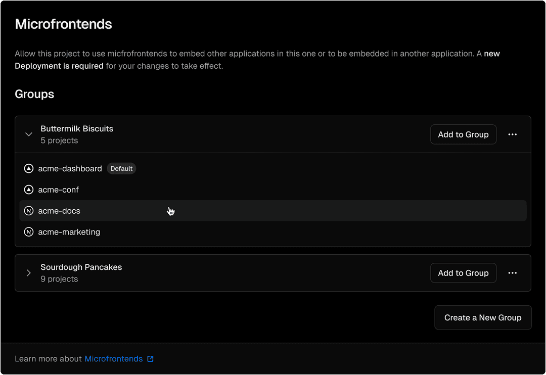 Add the current project to a microfrontends group.