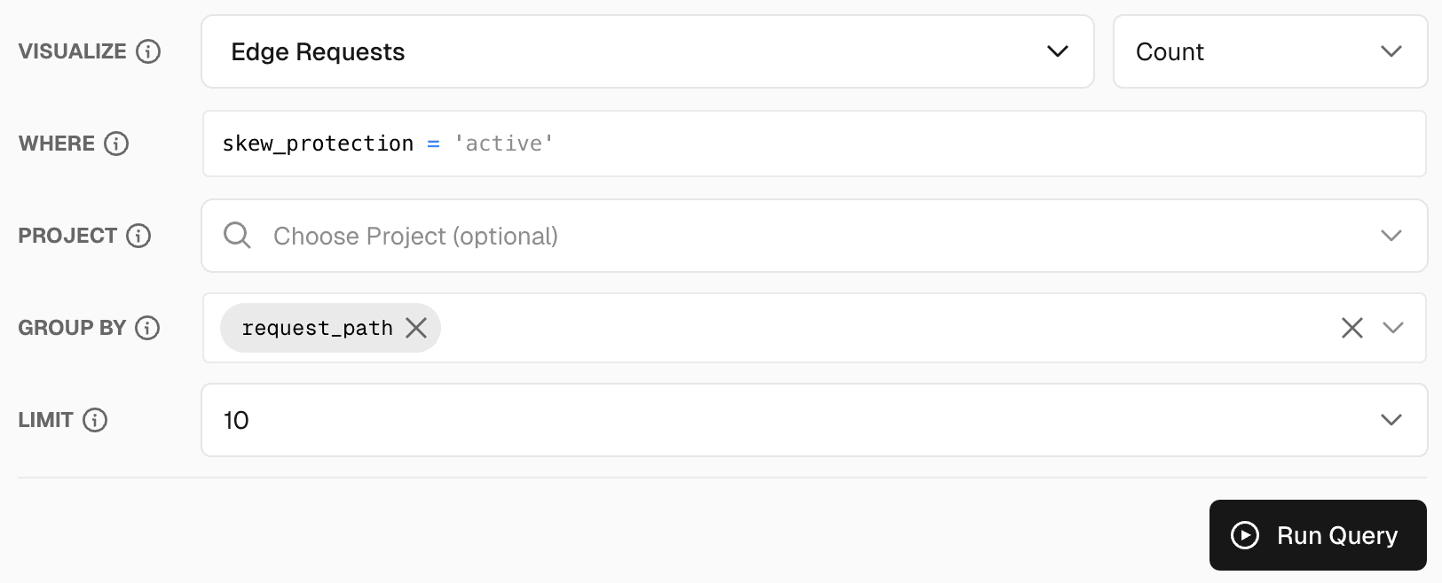 A screenshot of a query of requests filtered by active skew protection.