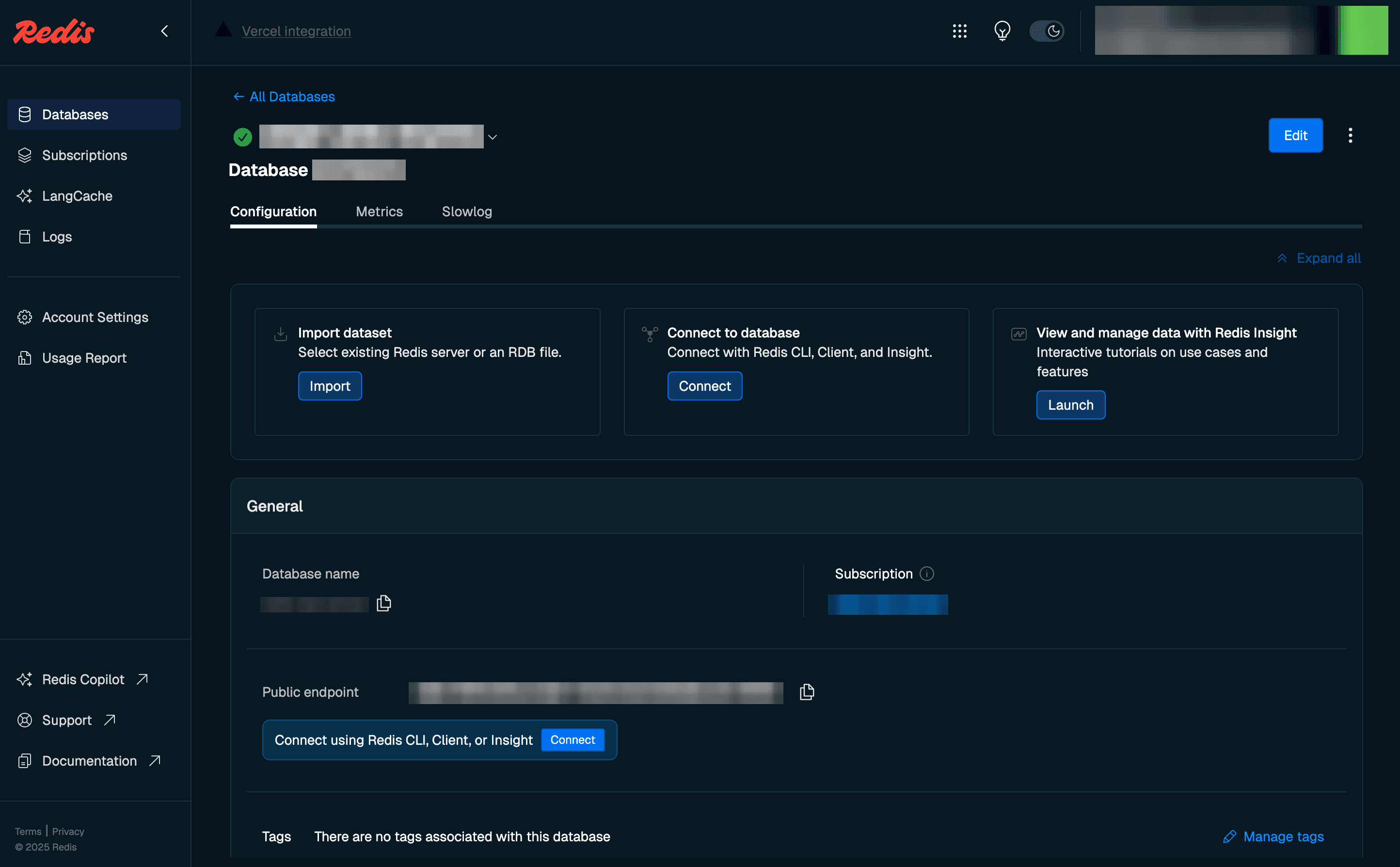 The page for a database on the Redis dashboard